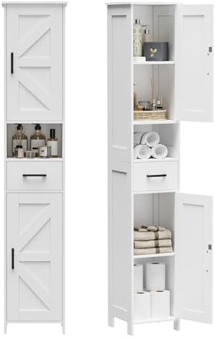 Homhedy 67" H Tall Bathroom Storage Cabinet with Barn Doors and Drawer | Narrow Storage Unit with Adjustable Shelves, Floor Cabinet for Bathroom, Living Room, Entryway or Kitchen, White, 11.8" W