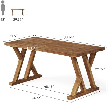 Solid Wood Dining Table for 4-6 People, 63 Inches Wooden Farmhouse Rectangular Kitchen Dinner Table with Heavy-Duty Legs for Home, Living Room, Dining Room, Rustic Brown