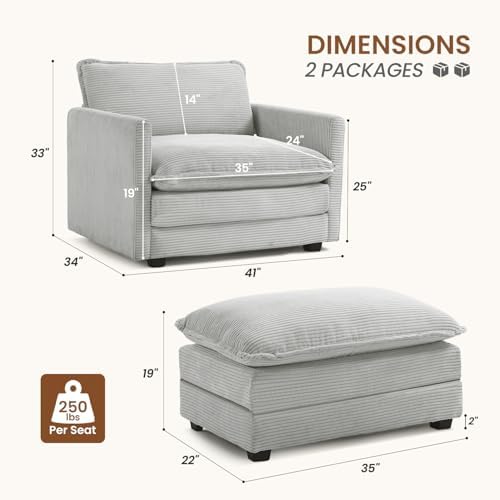 ROWHY 41'' Single Armchair with Ottoman, Modern Corduroy Cloud Couch with Convertible Chaise, Upholstered Sofa Set for Living Room, Light Grey