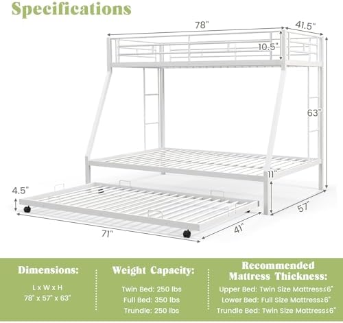 Giantex Twin Over Full Bunk Bed with Trundle, Heavy-Duty Metal Triple Bunk Beds w/Two Side Ladders & Safety Guard Rail, 3 in 1 Bunk Beds for Kids Teens, No Box Spring Needed,White