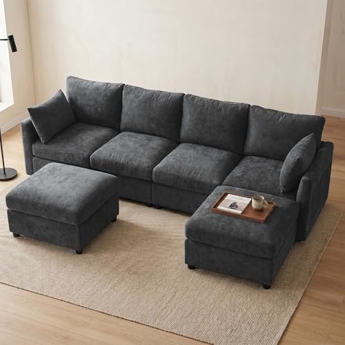 Iroomy Modular Sectional Couch for Living Room, Modern 6 Seater Convertible U Shaped Sofa with Ottoman, Spring Cushion Seating, Black