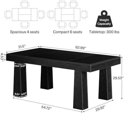 Tribesigns 63 Inch Dining Table for 4-6 People,Wooden Kitchen Table (Black)