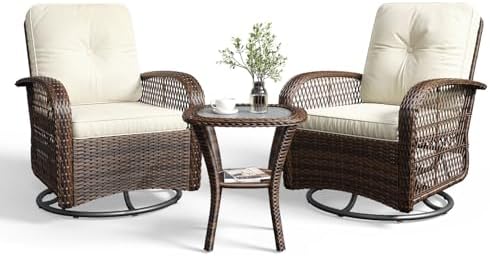 Aoxun 3 Pieces Patio Furniture Set, Patio Swivel Rocker Chairs Set of 2, Wicker Outdoor Bistro Set with Rocking Chair, Thickened Cushions and Table for Porch (Beige)