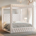 Jocisland King Canopy Bed Frame Velvet Upholstered Headboard, Cream