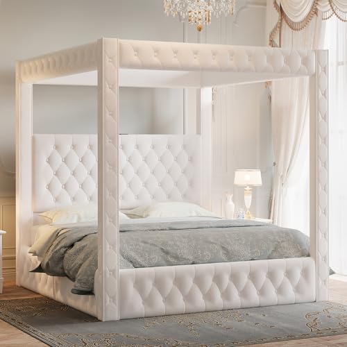 Jocisland King Canopy Bed Frame Velvet Upholstered Headboard, Cream