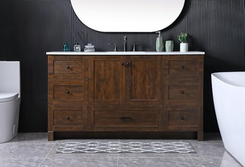 60" Pre-Assembled Bathroom Vanity with Sink, Engineered Wood, Ivory White Engineered Marble Countertop Attached, Single Rectangle Porcelain Sink, 7 Soft-Close Drawers, Expresso