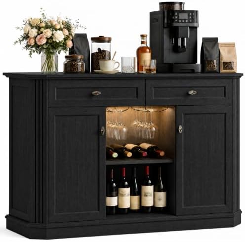 Black Coffee Bar with 2 Drawers & 2 Doors, LED Wine Bar Cabinet with Wine Glasses, Coffee Station with Built-in Outlets, Buffet Cabinet Sideboard with Extra Storage for Living Room Kitchen Entryway