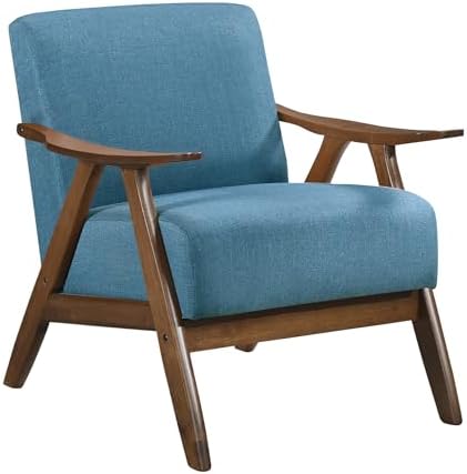 Lexicon Mid Century Modern Accent Chair with Solid Wood Frame in Walnut Finish, Upholstered Living Room Lounge Arm Chair, Thick and Comfy Innerspring Seat Cushion, Linen-Look Fabric, Blue