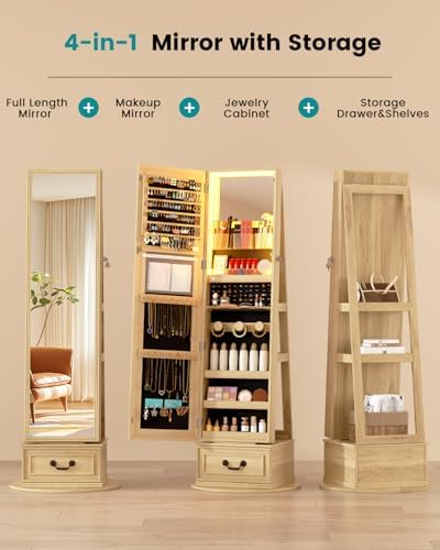 Vlsrka Mirror Jewelry Cabinet Standing with Lights, Lockable, Swivel, Wood | Standing Jewelry Armoire with Full Length Mirror, Large Jewelry Organizer Storage with Foldable Makeup Shelf, 3 LED Lights
