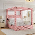 LUMISOL Canopy Bed Frame Queen Size, Velvet Upholstered Platform Bed with Button Tufted Headboard, Four Posters, Built-in Speaker and Charging Station, Heavy Duty Mattress Foundation, Pink