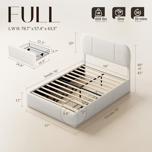 Full Size Bed Frame with Storage, Boucle Cloud Bed with 4 Locking Drawers & LED Lights, Modern Upholstered Platform Bed, Plush Sides & Footboard, Adjustable Headboard, No Box Spring, Cream