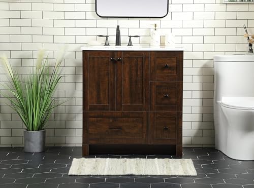 32" Pre-Assembled Bathroom Vanity with Sink, Engineered Wood, Ivory White Engineered Marble Countertop Attached, Single Rectangle Porcelain Sink, 4 Soft-Close Drawers, Expresso