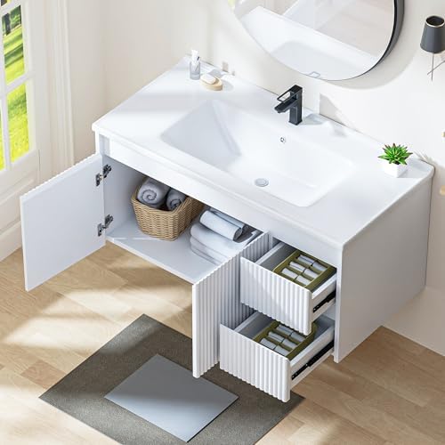 Smhxo Floating Bathroom Vanity with Sink, 40 Inch Wall Mounted Bathroom Vanity with 2 Drawers and Wave-Carved Design Door, Modern Wooden Cabinet with Ceramic Sink and Storage, White