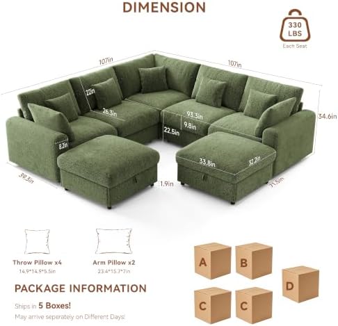 Ihanherry Oversized Cloud Sectional Couches for Living Room, Modular Sectional Sofa with Wide Deep Seat, Coner Couch with Throw Pillow and Storage Ottoman, Green