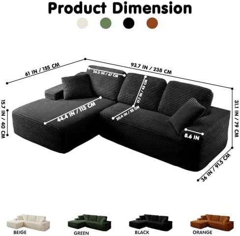 Modular Sectional Sofa, Convertible Sofa Bed, No Assembly Required Cloud Couch with Deep Seat, Modern L-Shaped Boneless Sofa for Living Room (Black)