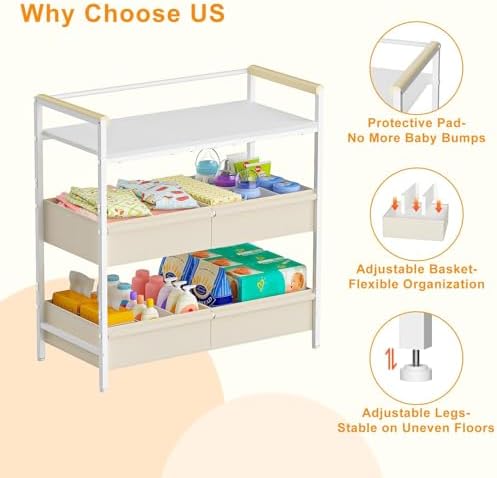 Cidaziya Baby Changing Table with Safety Bumper, Sturdy Diaper Change Station with Adjustable Devider in Large Storage Bin, Nursery Dresser for for Cloth Change, Baby Furniture Diaper Organizer,White