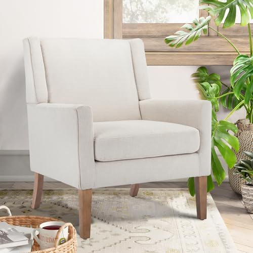 COLAMY Modern Wingback Living Room Chair Set of 2, Upholstered Fabric Accent Armchair, Single Sofa Chair with Lounge Seat and Wood Legs for Bedroom/Office/Reading Spaces, Beige