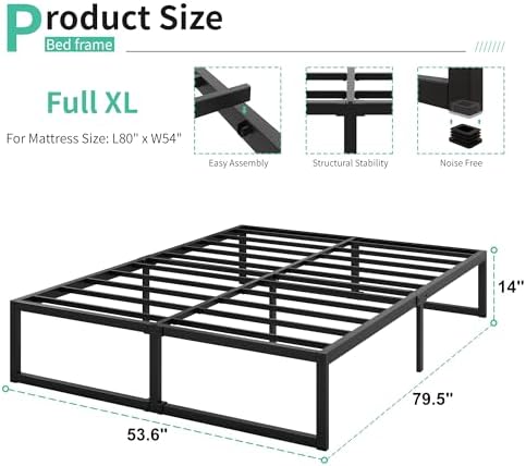 Lutown-Teen 14 Inch Full XL Size Bed Frame No Box Spring Needed, Heavy Duty XL Full Metal Platform Beds with Sturdy Steal Slats for Mattress Foundation, Easy Assembly, Noise Free, Black