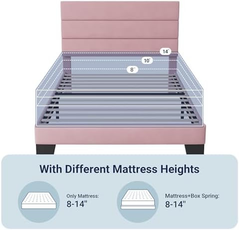 Allewie Twin Size Platform Bed Frame with Velvet Upholstered Headboard Pink