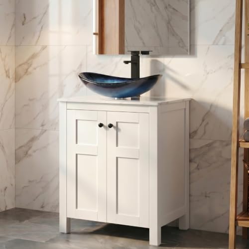 24 Inch White Bathroom Vanity with Marble Texture Top, Traditional Standing Pedestal Cabinet with Blue Boat Glass Sink