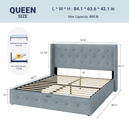 Allewie Queen Size Lift Up Storage Button-Tufted Bed Frame Blue Grey