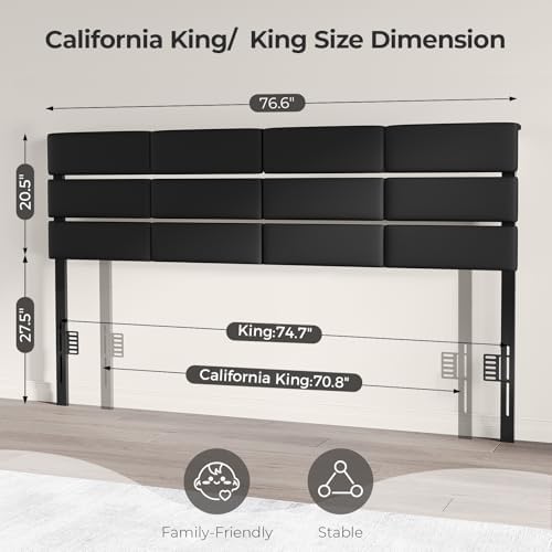King/Cal King Size Upholstered Velvet Headboard, Adjustable Head Boards with LED Light & Charging Station, Bed Headboard Only, Attach Frame, Ideal for Bedroom, Dorm, Guest Room, Black