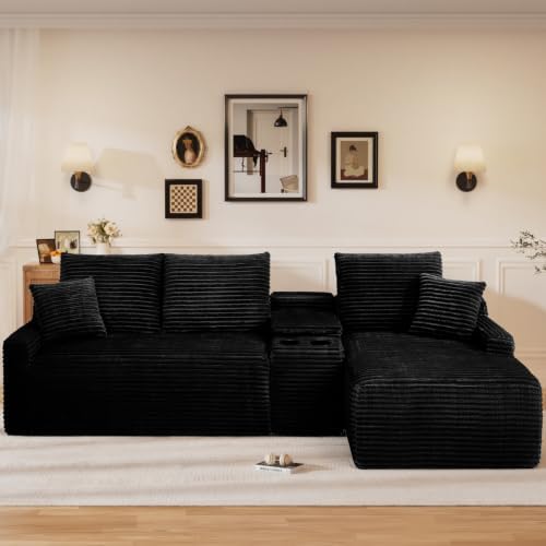 95" L Shaped Cloud Couch Modular Sectional Sofa, Comfy Fluffy Corduroy Black Boneless Sectional Couches for Living Room, Modern Cloud Sofas with Cup Holders & Right Facing Chaise, Black