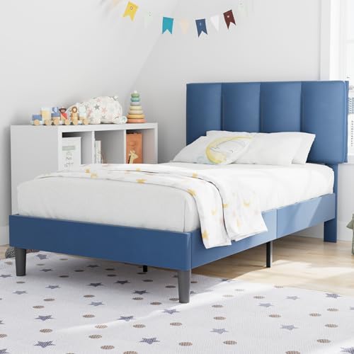VECELO Twin Size Bed Frame with Upholstered Headboard, Dark Blue