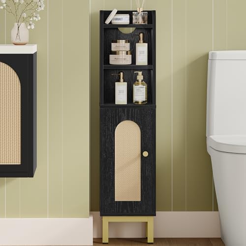 Hzuaneri Bathroom Storage Cabinet, Small Corner Floor Cabinet | Narrow Toilet Paper Holder, Bathroom Organizer with Adjustable Shelf, 2 Doors, for Small Spaces, Rattan Black BC08204Y