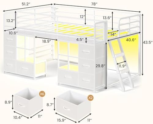 BTHFST Low Bunk Bed Twin Over Twin with 8 Fabric Drawers & Bookshelf, White