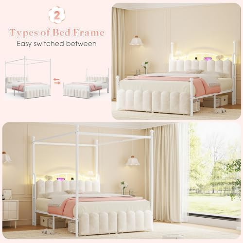 Homkdom Queen Size Canopy Bed Frame with 2 Drawers and LED & Charging,White