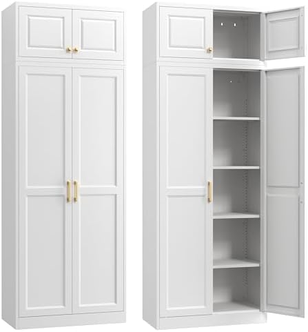 Steeloong 86"Metal Pantry Storage Cabinet with Doors & 4 Adjustable Shelves | Kitchen Pantry Cabinet,White Kitchen Cabinet with 4 Gold Handles,Tall Cabinet for Livingroom,Pantry, Bathroom,Kitchen,Garage