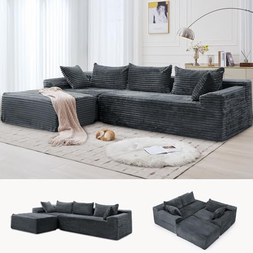 Korser 110" L-Shaped Modular Sectional Sofa with Chaise, Boneless Comfy Corduroy Fluffy Couch with Deep Seat and Side Pockets, Flexible Module Combination for Living Room, No Assembly, Side Pockets