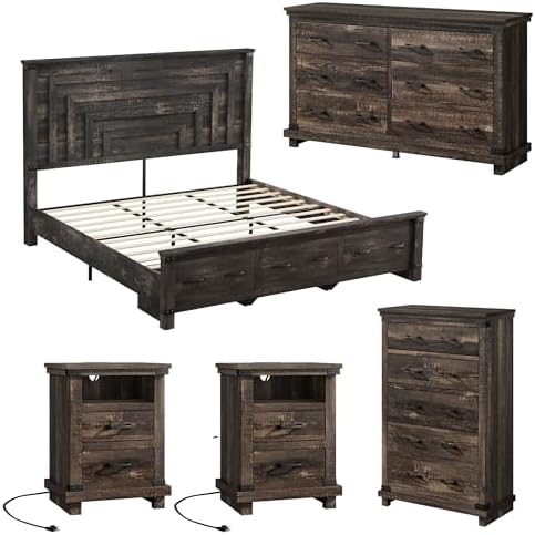 AMERLIFE 5 Pieces Farmhouse Bedroom Set, Includes Rustic King Bed Frame with 54" Tall Headboard, 6 Drawer Dresser, 5 Drawer Tall Chest, Nightstands Set of 2 with Charging Station, Black Oak