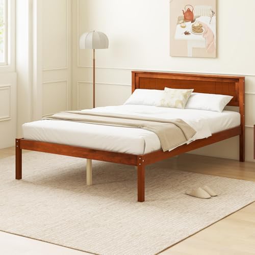 GIANTEX Full Size Wood Platform Bed with Headboard, Mid Century Solid Wood Full Bed with Slat Support, Double Bed Frame with 16" Under Bed Storage, No Box Spring Needed, Easy Assembly, Walnut