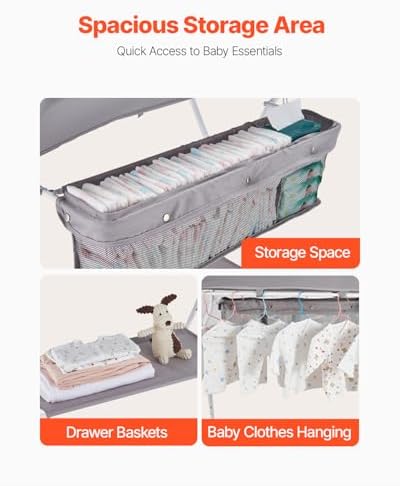 VEVOR Baby Changing Table, Foldable Diaper Change Station with Side Basket, Adjustable Height Changing Table with Lockable Wheels, Multi-Functional Nursery Storage Organizer, Gray