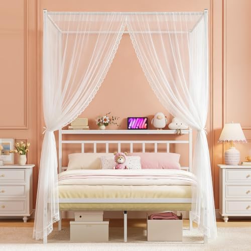 Full Canopy Bed Frame with Storage Headboard Minimalist 4 Posters Bed