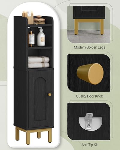 Hzuaneri Bathroom Storage Cabinet, Small Corner Floor Cabinet | Narrow Toilet Paper Holder, Bathroom Organizer with Adjustable Shelf, 2 Doors, for Small Spaces, Black BC08206X