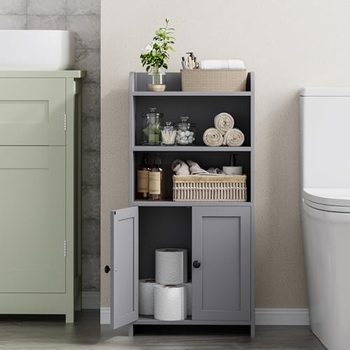 Homhedy Small Bathroom Storage Cabinet, Toilet Paper Storage Cabinet | Bathroom Floor Cabinet with Doors and Shelves, Bathroom Organizers for Small Spaces, 7.9" D x 14.6" W x 31" H, Gray