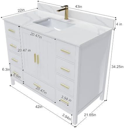 Montary 42" Bathroom Vanity with Sink & 43" Carrara Quartz Top | with 1 Pre-Drilled Faucet Holes, Solid Wood Cabinet, Soft-Close Double Doors & 9 Smooth-Glide Drawers,White