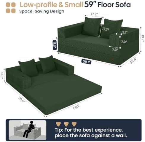 COMAX Boneless Futon Sofa Bed, 59" Small Low-Profile Floor Couch, Green