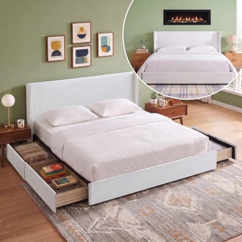 King Bed Frame with Storage Drawers, Corduroy Bed with Headboard, Cream