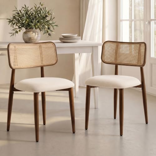 UVV Dining Chairs Set of 6, Metal Kitchen Chairs with Modern Fabric Upholstered for Dining Room, Beige Rattan