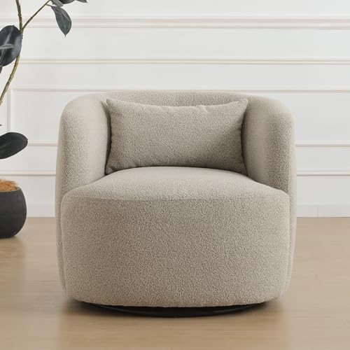 KINWELL 34" W Sherpa Swivel Barrel Accent Chair with Pillow, Taupe Gray