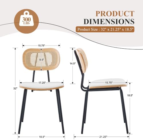 CIMOTA Rattan Dining Chairs Set of 6, Cane Back Kitchen Chairs with Metal Legs, Faux Leather Seat, Armless Dining Room Chairs for Kitchen, White