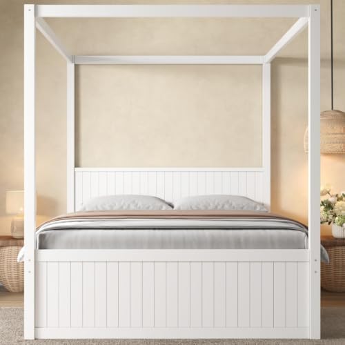 SANOFI Queen Size Wood Canopy Bed with Twin Size Trundle, White