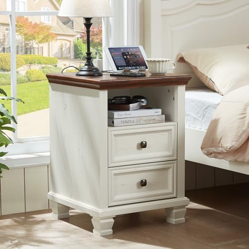 SAVOR LIFE Farmhouse Nightstand Set of 2 with Charging Station, White