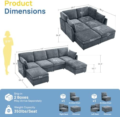 Iroomy Modular Sectional Couch for Living Room, Modern 6 Seater Convertible U Shaped Sofa with Ottoman, Spring Cushion Seating, Grey