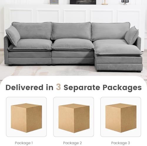 ROWHY 112'' Modular Sectional Cloud Couch with Movable Ottoman, 4 Seat Modern Corduroy Sofa, Deep Seat L Shaped Couch for Living Room Bedroom Apartment,Dark Grey