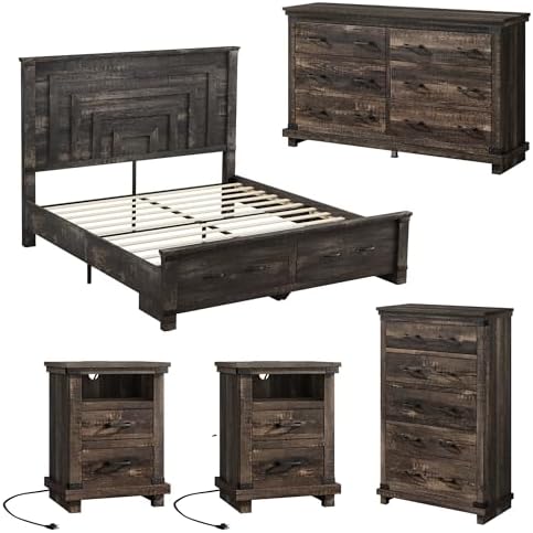 AMERLIFE 5 Pieces Farmhouse Bedroom Set, Includes Rustic Queen Bed Frame with 54" Tall Headboard, 6 Drawer Dresser, 5 Drawer Tall Chest, Nightstands Set of 2 with Charging Station, Black Oak